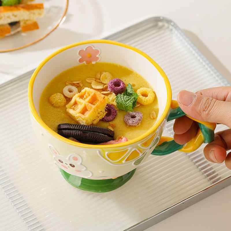 マグカップ かわいい レディース 陶器 手描き 浮き彫り レリーフ カートゥーン キャラクター 朝食 オートミール コーヒー 普段使い 誕生日 卒業 引っ越し パーティー