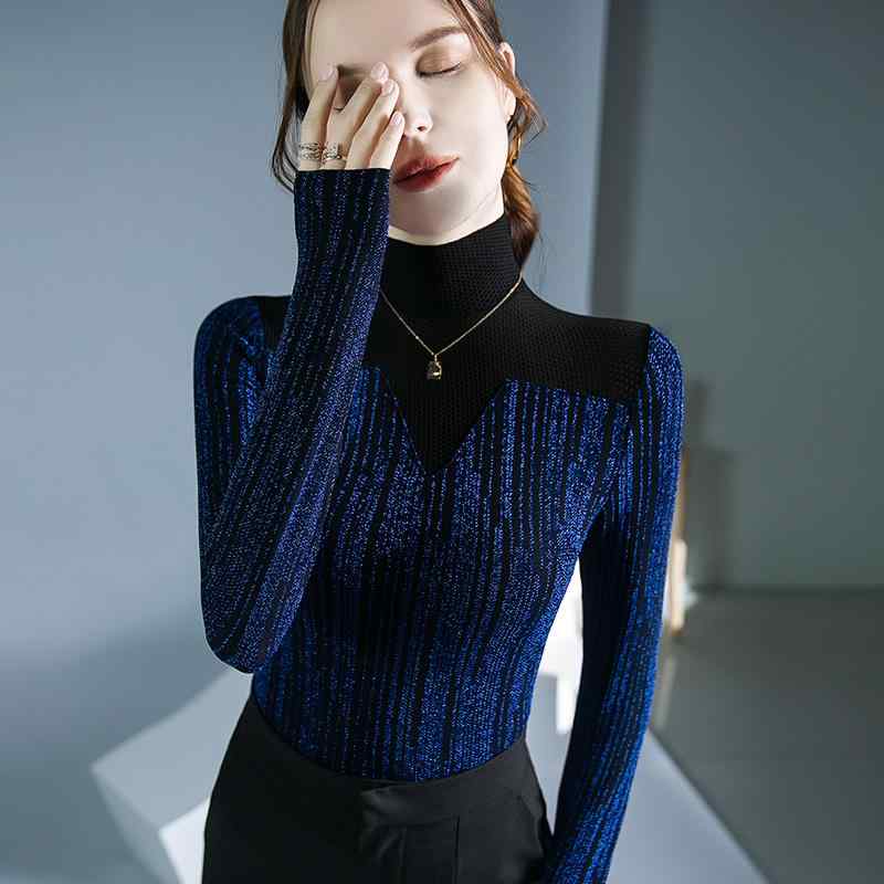 Tシャツ レディース 秋冬 トップス 長袖 高めのネック ネット メッシュ 切り替え キラキラ ラメ入り スリムフィット 通勤 オフィス 青 ブルー 金色 ゴールド 黒 ブラック ピンク系