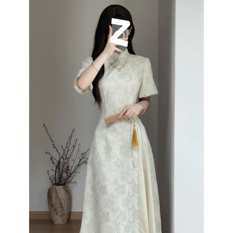 チャイナドレス レディース 春夏 ポリエステル エレガント ロングワンピース 杏色 グリーン 襟付き 斜めボタン 飛飛袖