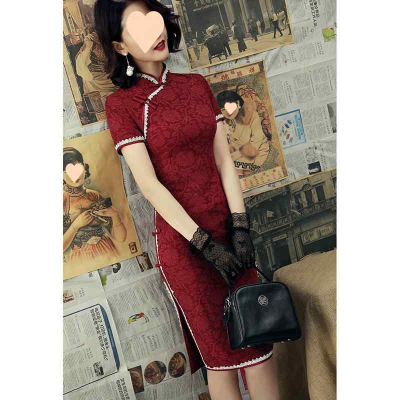 チャイナドレス レディース レース襟 牡丹柄 ミモレ丈ワンピース エレガント スリムフィット おしゃれ着 デート パーティー お呼ばれ モスグリーン ワインレッド