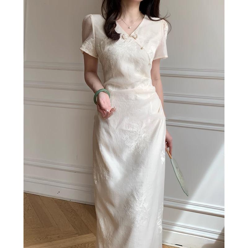 ワンピース レディース チャイナドレス Vネック 半袖 膝下丈 Aライン 刺繍 ポリエステル 白色 文艺 复古 高腰 エレガント