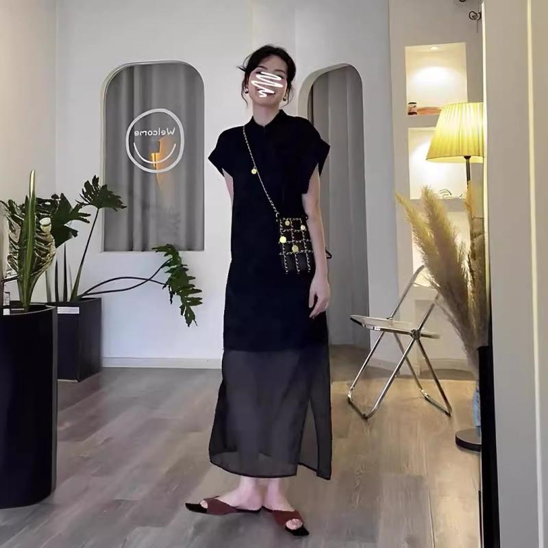 チャイナドレス レディース ワンピース 新中式 ブラック S M L XL 天絲（ライセル繊維）高腰 半袖 膝下 ミモレ丈 ロング 拼接スカート ..