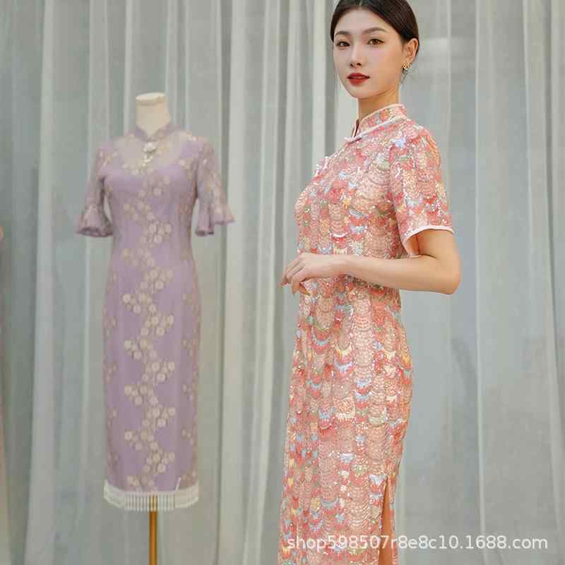 チャイナドレス レディース 春夏 レトロ ロング 高スリット 半袖 立ち襟 気質 魚の鱗 刺繡 人魚姫 S M L XL XXL