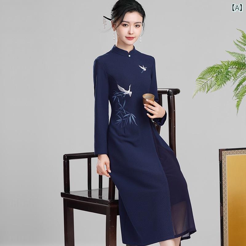 ワンピース レディース 春物 レトロ チャイナドレス 刺繍 ポリエステル ブルー M L XL XXL XXXL 中国風 長袖 立襟 切り替え ミディ丈(4.0)