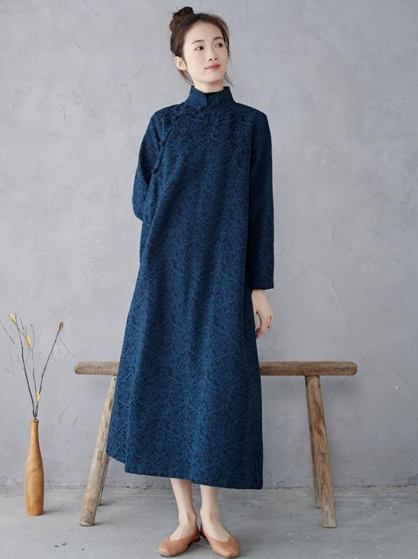 ワンピース レディース 春秋 長袖 コットンリネン Aライン ミモレ丈 立襟 ゆったりサイズ 文芸風 レトロ 蔵青色