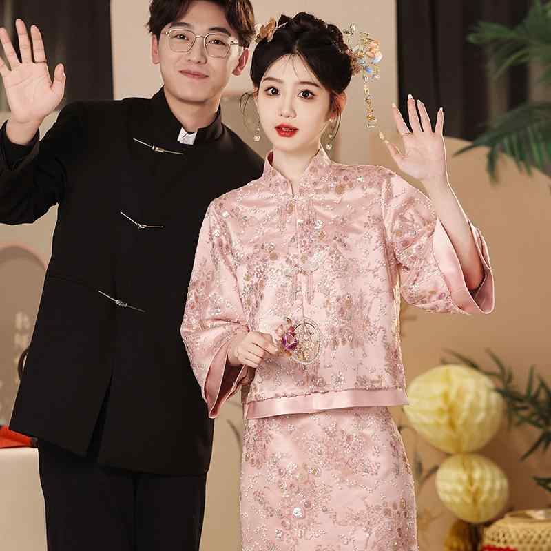 チャイナドレス レディース ピンク系 ポリエステル製 フォーマルドレス セットアップ Aライン 立襟 長袖 パーティードレス ウェディン..