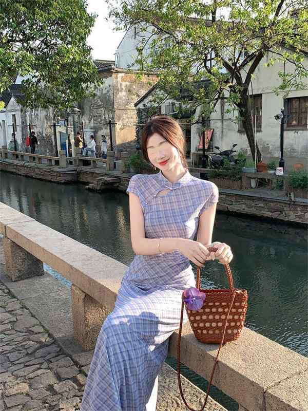 ワンピース レディース 春夏 レトロ チャイナドレス 2点セット 格子柄 Aライン 半袖 ロング丈 ポリエステル 高腰 文芸風