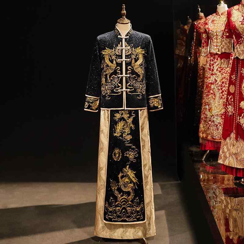 秀禾服 メンズ 粘着繊維 結婚式 礼服 中華風 立襟 ブルー 青色 刺繍 春秋 ジッパー