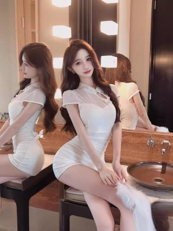 チャイナドレス レディース 新中式 改良型 ワンピース コットン 網紗 切り替え 高腰 半袖 タイトスカート ミニ丈 ワンピースドレス ナイトクラブ パーティードレス エレガント セクシー