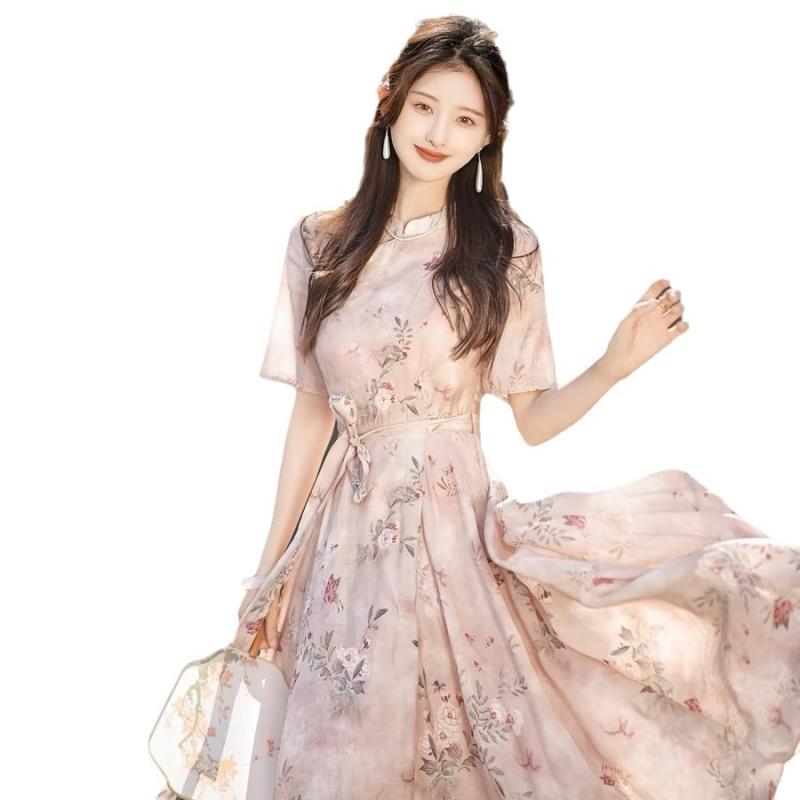 ワンピース レディース チャイナドレス Aライン 立襟 半袖 ロング丈 ポリエステル ピンク系 切り替え エレガント