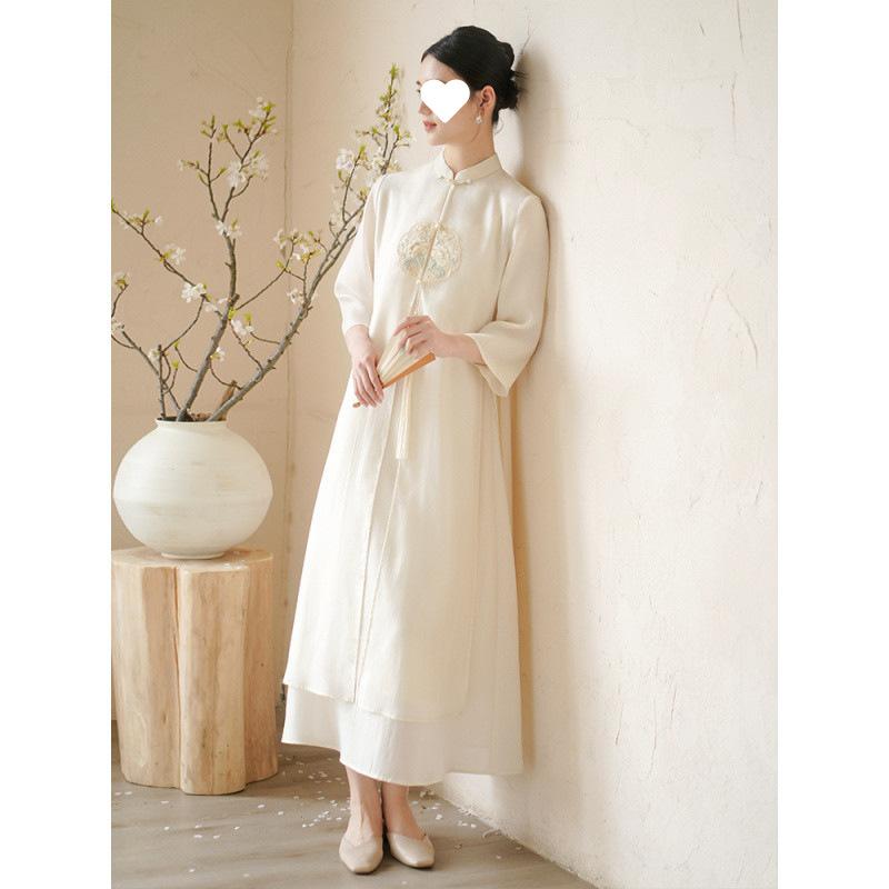 チャイナドレス レディース 刺繍 Aラインワンピース 七分袖 リヨセル 禅意 文芸復古 民族風 杏色 立襟 ロングワンピース