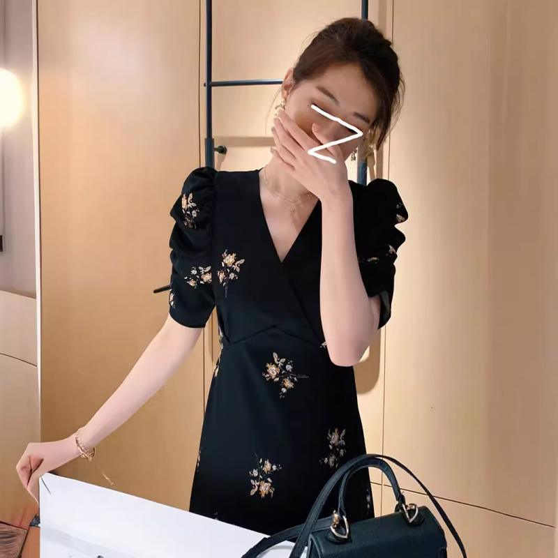 チャイナドレス レディース Aラインワンピース 半袖 Vネック 花柄 膝丈 ポリエステル ゆったり かわいい フェミニン