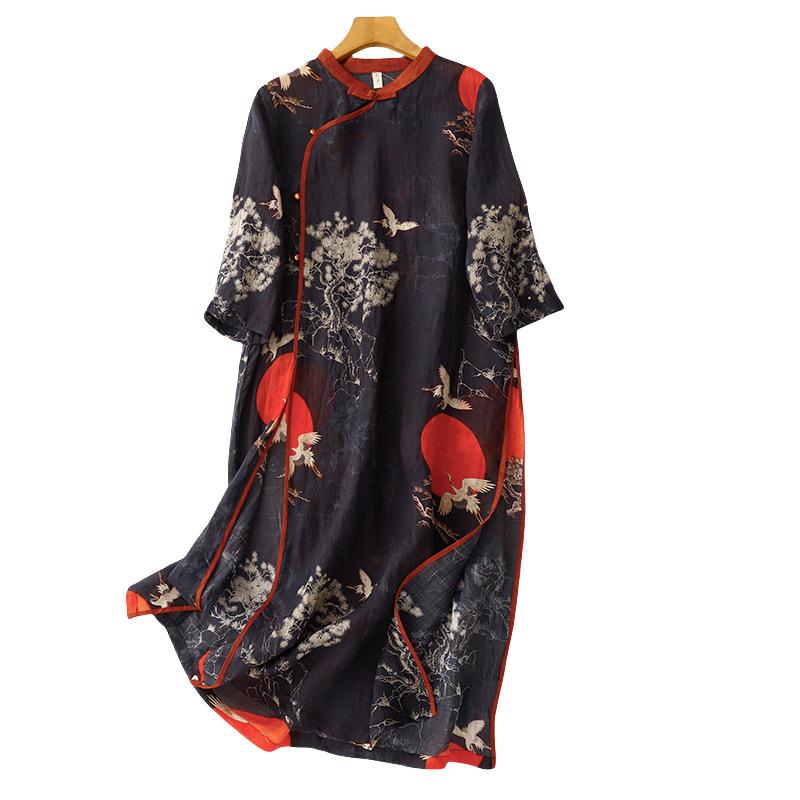 ワンピース レディース 松 鶴 Aライン チャイナドレス風 7分袖 膝丈 ミモレ丈 ゆったり ラウンドネック 花柄 プリント 綿 ポリエステル 春夏 ストリート