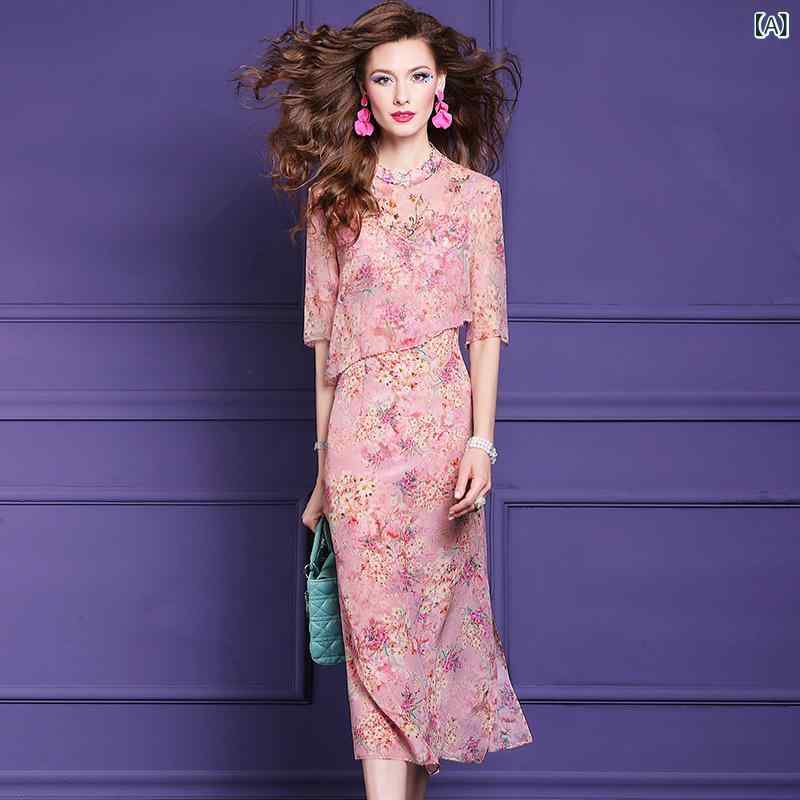 ワンピース レディース 100% 桑蚕丝 シルク フラワープリント Aライン チャイナドレス テイスト ロングワンピース 半袖 立襟 陶器ピンク S M L XL 2XL 3XL 4XL 文芸 レトロ