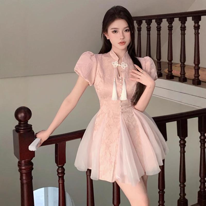 ワンピース レディース チャイナドレス Aライン 半袖 膝丈 ポリエステル ホワイト ピンク系 立襟 プリンセス袖 切り替え エレガント フェミニン