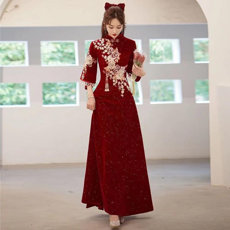 チャイナドレス レディース 結婚式 お呼ばれ パーティー ロング 知的 エレガント ポリエステル 赤 ワインレッド S M L XL XXL 3XL 4XL 5XL