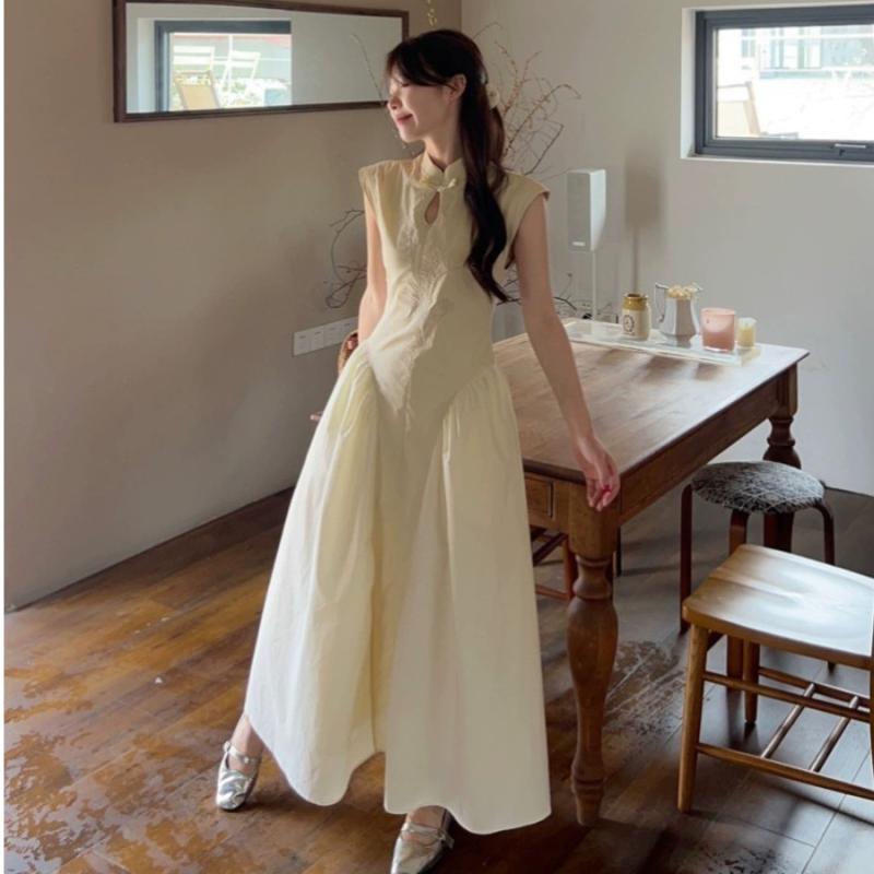 ワンピース レディース チャイナドレス ノースリーブ Aライン 膝丈 ポリエステル 立襟 切り替え 杏色 フレッシュ Sweet デート パーティー