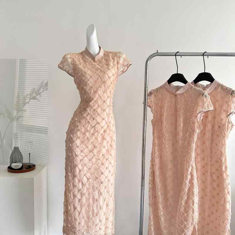 チャイナドレス レディース ワンピース 春夏 半袖 コットン 花柄 ミモレ丈 膝下丈 Aライン POLO襟 オレンジ ピンク系 中華風 文芸 レトロ お出かけ