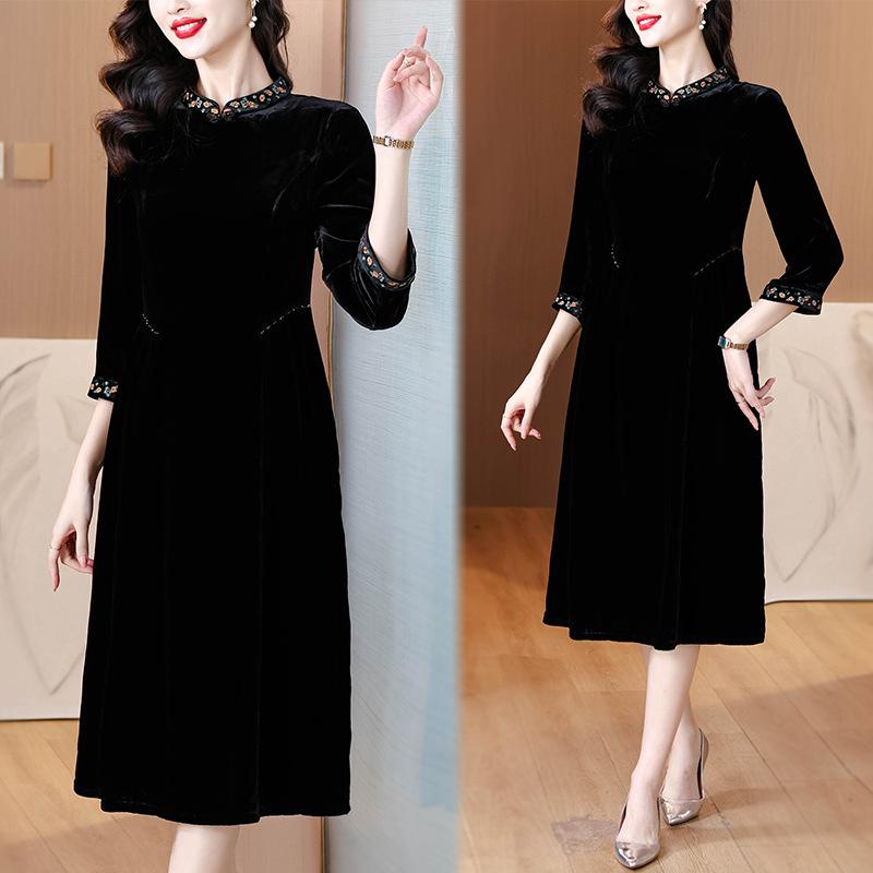 ワンピース レディース ブラック シルク ベルベット チャイナドレス パーティードレス フォーマルドレス 刺繍 切り替え フリル 膝丈 ミモレ丈 エレガント 高見え