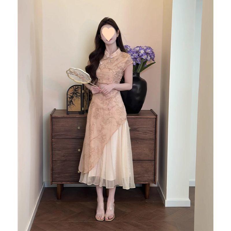 チャイナドレス レディース 桃色系 Aライン ワンピース ポリエステル 切り替え ティアード 半袖 膝丈 ミディ丈