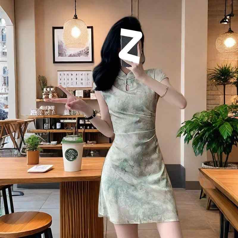 チャイナドレス レディース ポリエステル 花柄 グリーン S M L XL 2XL 無袖 ショート丈 斜め掛け襟 20代 30代 40代 エレガント 上品 高見え