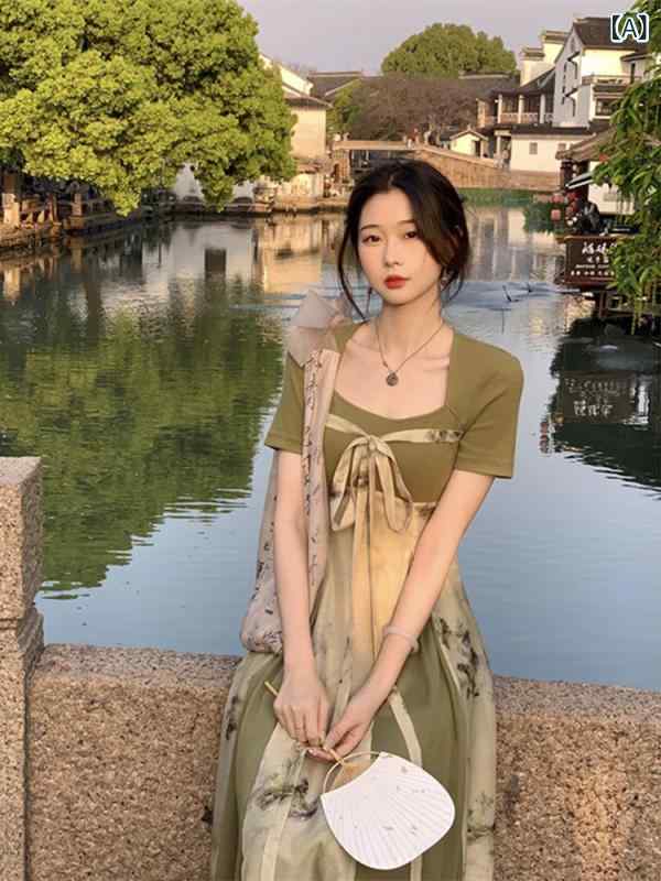 チャイナドレス レディース ワンピース 新中国スタイル 改良型 スクエアネック 半袖 ロング丈 ポリエステル 結び紐付き エレガント 上品 グリーン S M L XL XXL