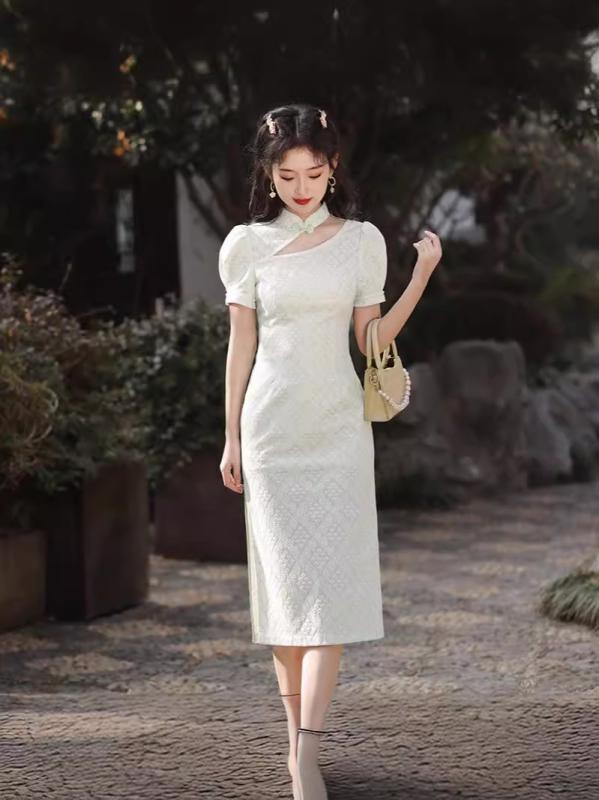 チャイナドレス レディース 春夏 綿 刺繍 ミドル丈ワンピース パーティードレス ライトアウター ゆったり 立襟 ランタンスリーブ