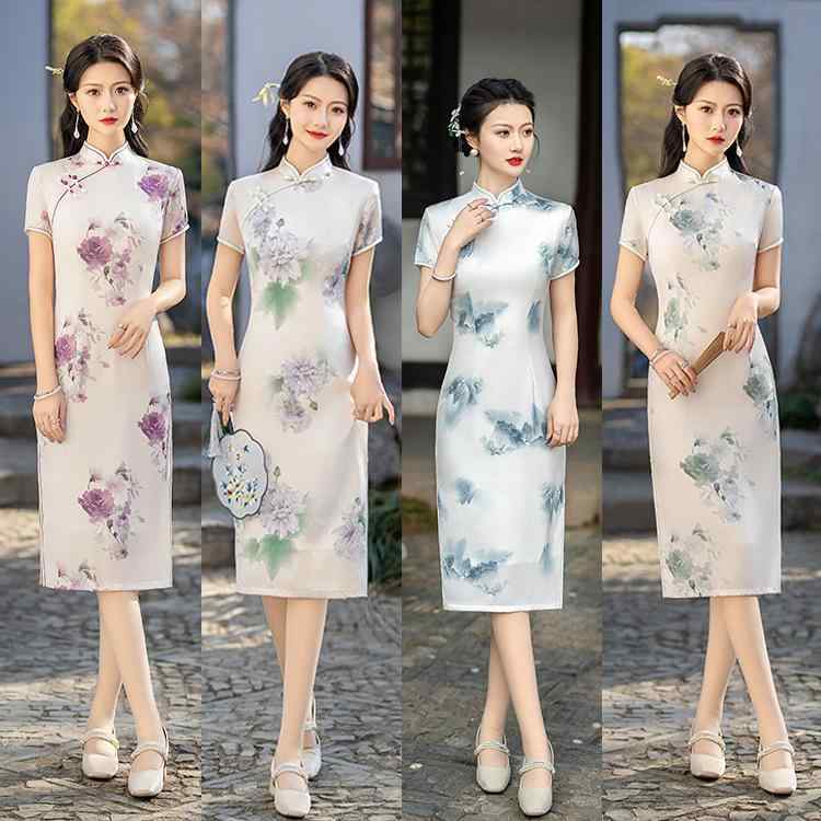 チャイナドレス レディース 春夏 ワンピース ミモレ丈 立襟 半袖 レトロ エレガント パーティードレス 普段使い 中国風 3D 立体柄 3分袖 ポリエステル アセテート繊維 醋酸生地 M L XL 2L 3L 4L 5L