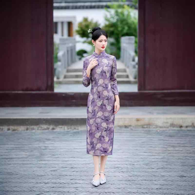 チャイナドレス レディース レトロ 提花ニット ロング丈 立襟 斜め襟 九分袖 ハイスリット 3D柄 ポリエステル 2024年秋 M L XL 2XL 3XL 4XL 5XL 伸縮性 ミモレ丈