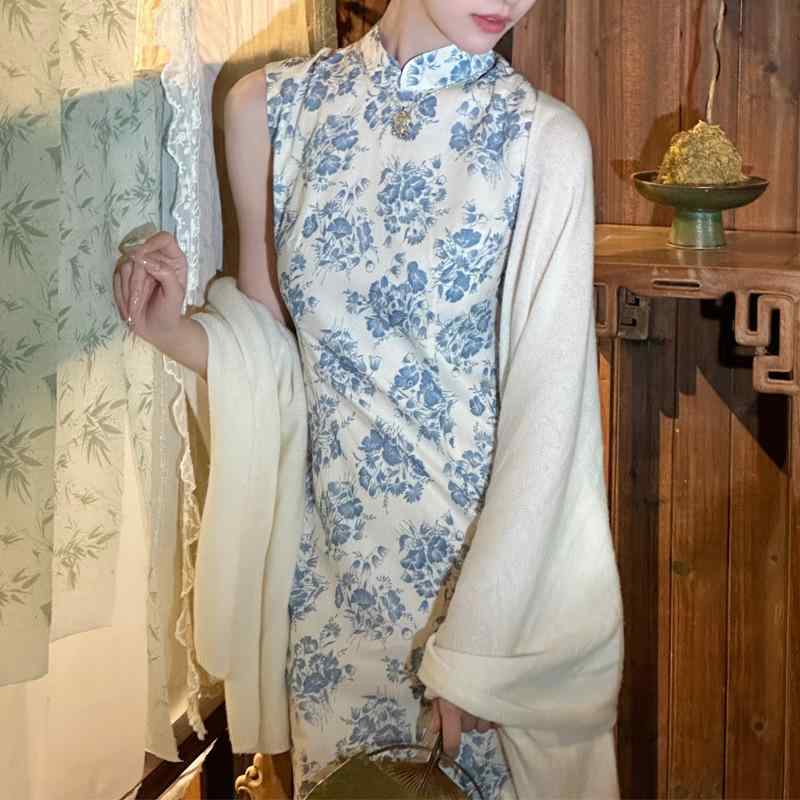 チャイナドレス レディース ワンピース ノースリーブ Aライン ミモレ丈 ポリエステル 青花磁 プリント柄 中華風 レトロ 高腰 ゆったり 普段使い パーティー