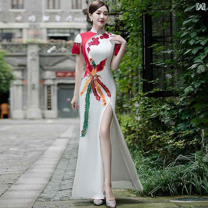 チャイナドレス レディース ロング丈 魚尾スカート エレガント スリム 中国風 改良版 舞台 衣装 パフォーマンス ポリエステル ホワイト ブルー XS S M L XL XXL XXXL 春夏 秋冬