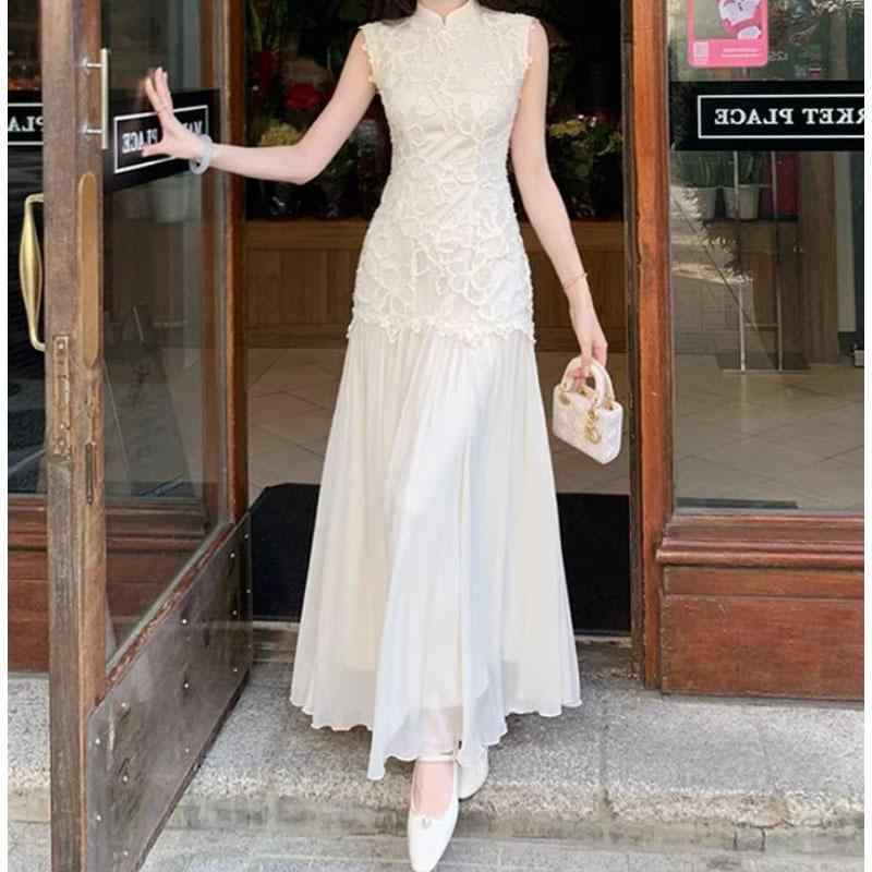 ワンピース レディース Aライン チュール レース チャイナドレス ロングワンピース ノースリーブ 半袖 ハイウエスト 無地 きれいめ エレガント 中国風 春夏 ホワイト 白