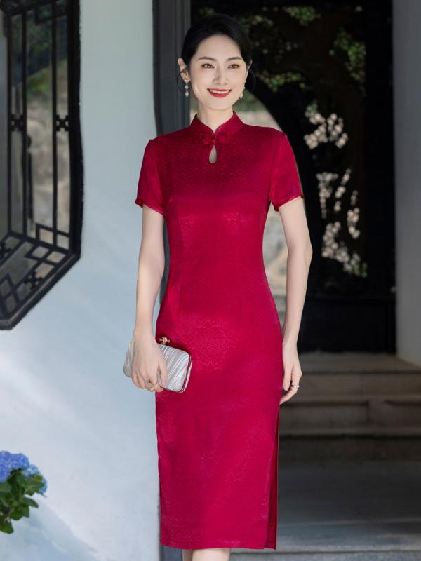 チャイナドレス レディース ママ ミドル丈 ポリエステル 二層 龍柄 ドラゴン 提花 刺繡 中華風 エレガント レトロ パーティー 結婚式 宴会 ワインレッド グリーン ブルー