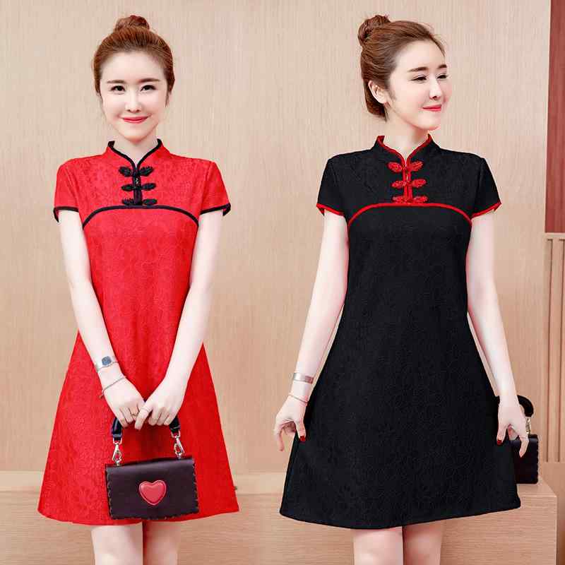 ワンピース レディース 大きいサイズ チャイナドレス レース 膝丈 ポリエステル レッド ブラック M L XL 2XL 3XL 4XL 春夏 半袖 立襟 提花 中華風 レトロ