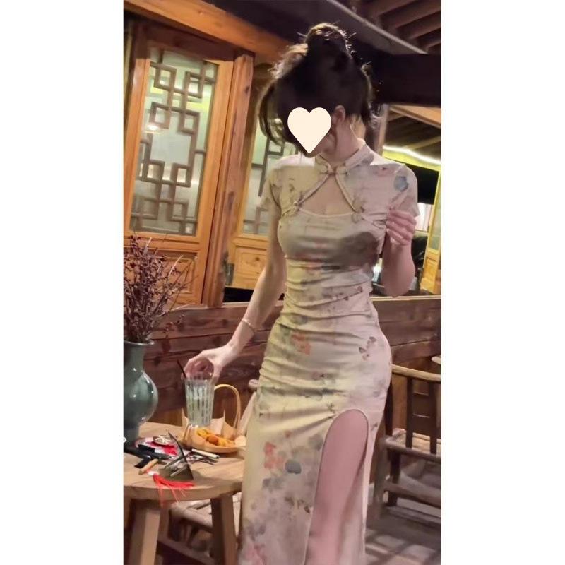 チャイナドレス レディース 半袖 ワンピース 夏 膝丈 ポリエステル プリント スリット スタンドカラー タイト 高腰 セクシー ストリート