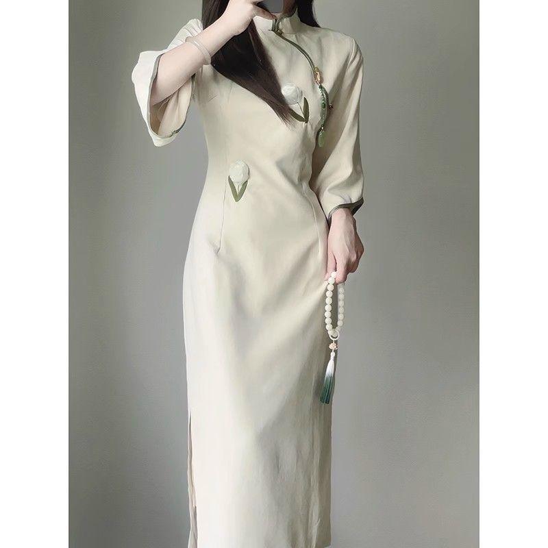 チャイナドレス レディース 春秋 レトロ 改良型ワンピース ロング丈 ポリエステル エレガント パーティードレス 杏色