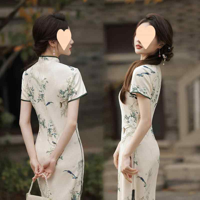 チャイナドレス レディース 夏 エレガント レトロ ロングワンピース ポリエステル 普段使い お呼ばれ 高見え 月光 印花 相見歓 烟雨江南 長亭外 ブラック系