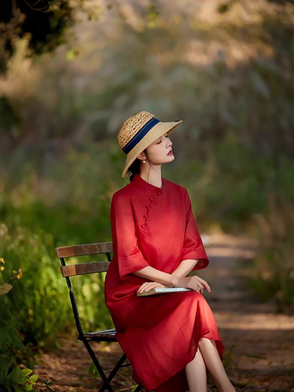 ワンピース レディース 苎麻 チャイナドレス 刺繍 Aライン ミモレ丈ワンピース 七分袖 スタンドカラー ポケット付き レッド 文艺复古 春夏