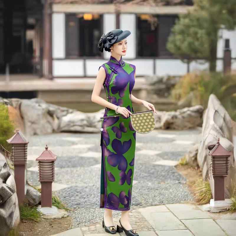 チャイナドレス レディース 春夏 ノースリーブ レース ワンピース エレガント パープル イエロー