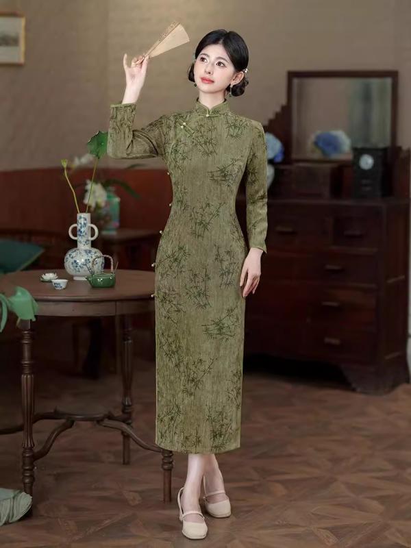 チャイナドレス レディース 秋冬 シェニール レトロ ミディ丈 ワンピース サイドスリット 立襟 七分袖 ポリエステル エレガント 上品 怀旧風