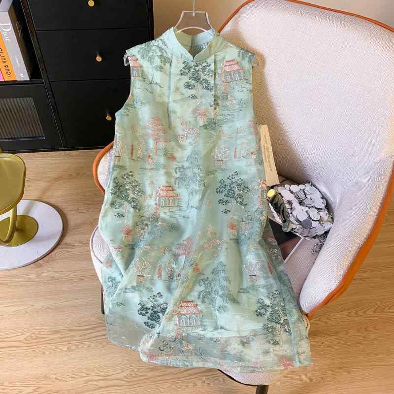 チャイナドレス レディース 膝丈 Aラインワンピース ノースリーブ 刺繍 オーガンジー エレガント パーティー イベント お呼ばれ 写真撮影用 マカロンカラー