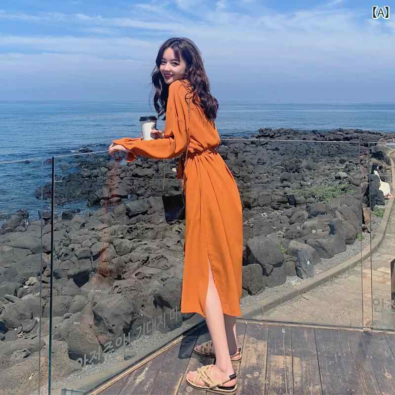 ワンピース 春夏 女性用 長袖 Aライン 中長丈 ポロ襟 高腰 橘 ポリエステル 街頭ス...