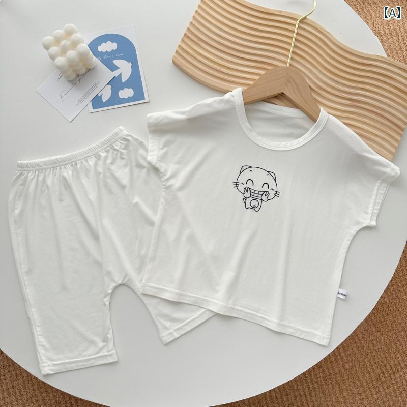 ベビー服 夏用半袖ルームウェア 薄手 上下セット 女児 モダール素材 赤ちゃん 子供 腹巻付き 快適 かわいい 動物柄 春夏 ホワイト系 2