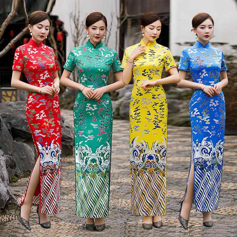 チャイナドレス レディース 大きいサイズ ロング丈 レッド ポリエステル レトロ ダブルレイヤー 舞台衣装 結婚式 パーティー イブニングドレス S M L XL XXL 3XL 4XL 5XL