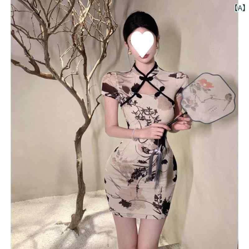 チャイナドレス レディース 夏 ワンピース 半袖 レトロ 花柄 Aライン ミモレ丈 ポリエステル 普段使い かわいい