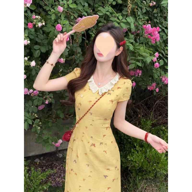 ワンピース レディース チャイナドレス レース 切り替え 花柄 Vネック 半袖 膝丈 ポリエステル イエロー バタフライプリント