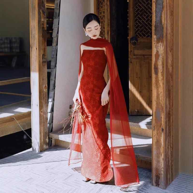 ワンピース レディース チャイナドレス 赤色 結婚式 披露宴 パーティー Aライン ロング丈 ノースリーブ 春秋冬