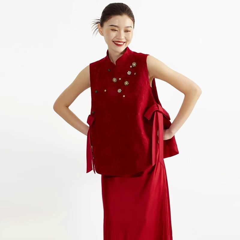 チャイナドレス レディース 高級感 国風 赤色 敬酒服 訂婚 Uネック ノースリーブ ポリエステル チュール パーティードレス ウェディング 宴会 レッド S M L XL XXL