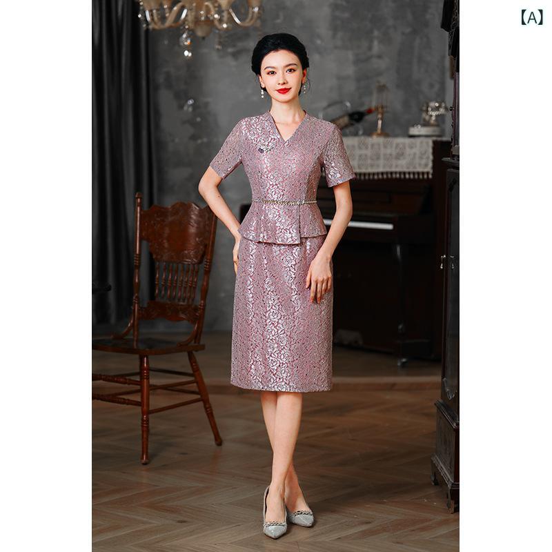 チャイナドレス レディース 母親 フォーマルドレス 結婚式 パーティードレス 膝丈 ポリエステル レース ラウンドネック 半袖 紫 パープル M L XL 2XL 3XL 4XL 5XL