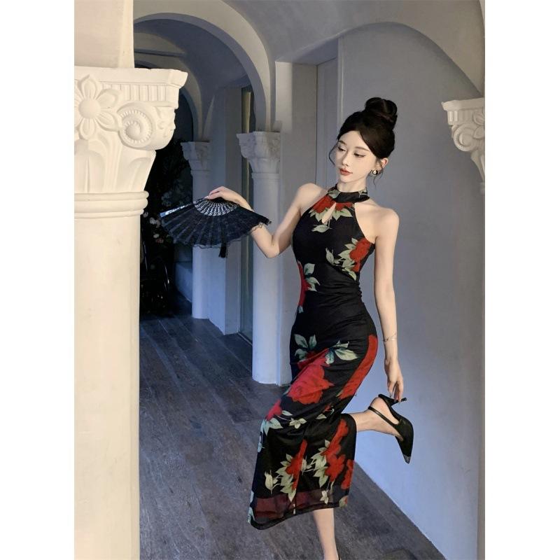 チャイナドレス レディース ポリエステル 花柄 ワンピース ノースリーブ 高腰 スリム エレガント 黒地 赤花柄 パーティー ドレス